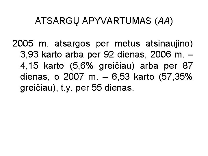 ATSARGŲ APYVARTUMAS (AA) 2005 m. atsargos per metus atsinaujino) 3, 93 karto arba per