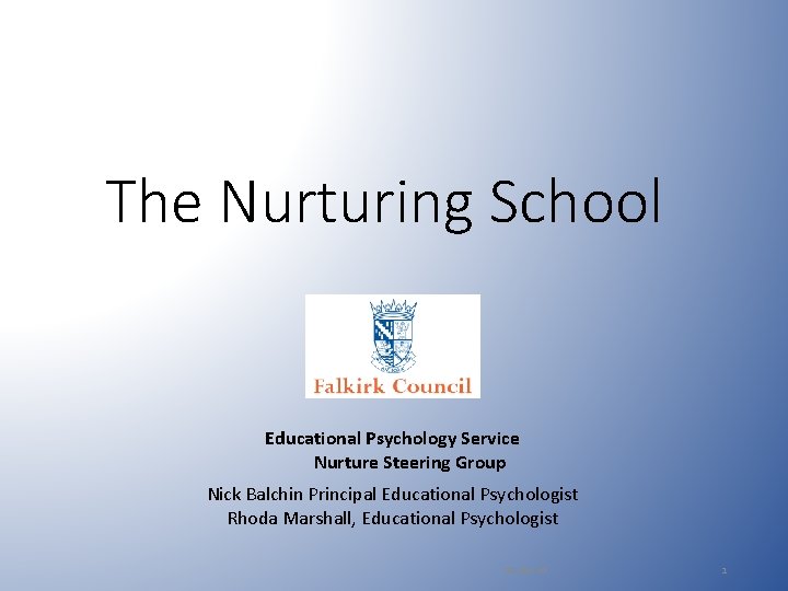 The Nurturing School Educational Psychology Service Nurture Steering Group Nick Balchin Principal Educational Psychologist