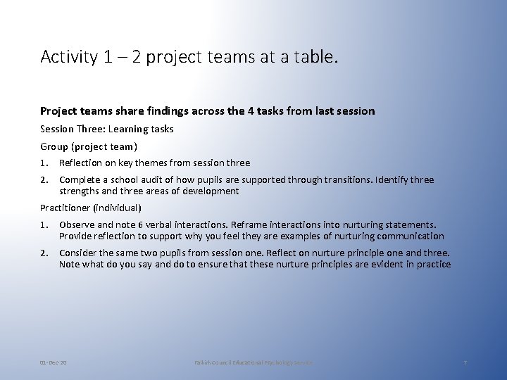 Activity 1 – 2 project teams at a table. Project teams share findings across