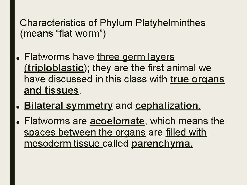 Characteristics of Phylum Platyhelminthes (means “flat worm”) Flatworms have three germ layers (triploblastic); they