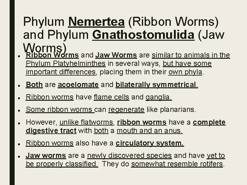  Phylum Nemertea (Ribbon Worms) and Phylum Gnathostomulida (Jaw Worms) Ribbon Worms and Jaw