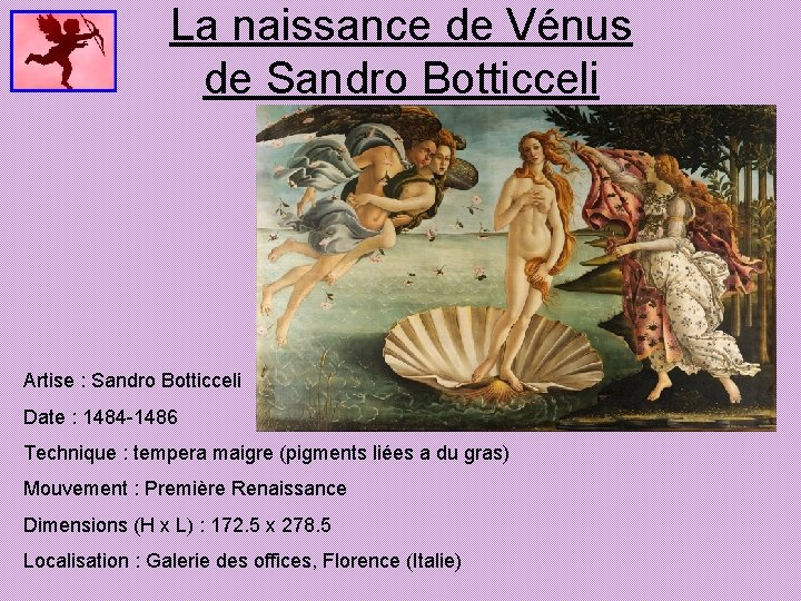 La naissance de Vénus de Sandro Botticceli Artise : Sandro Botticceli Date : 1484