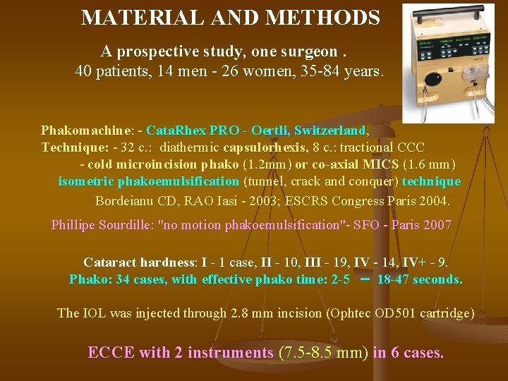 MATERIAL AND METHODS A prospective study, one surgeon. 40 patients, 14 men - 26 MATERIAL AND METHODS A prospective study, one surgeon. 40 patients, 14 men - 26