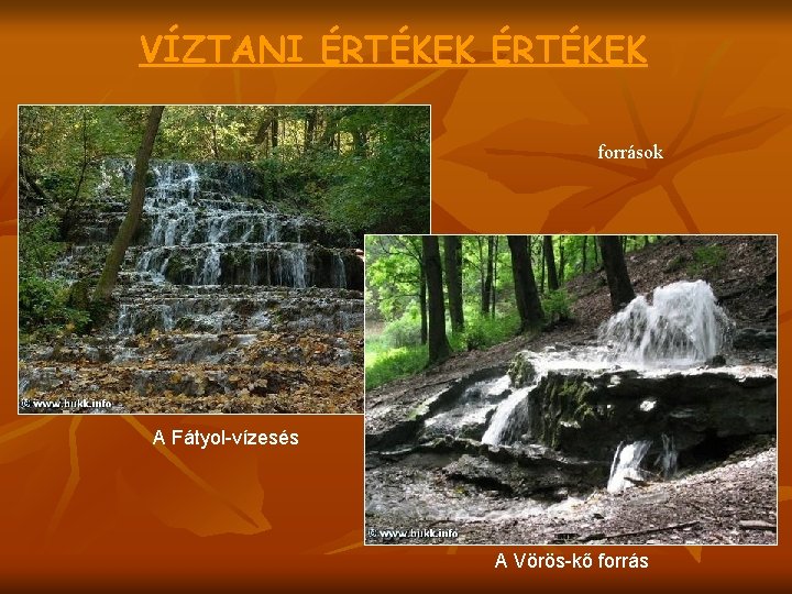 VÍZTANI ÉRTÉKEK források A Fátyol-vízesés A Vörös-kő forrás 