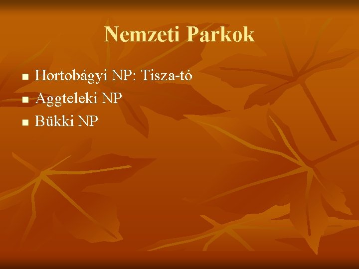 Nemzeti Parkok n n n Hortobágyi NP: Tisza-tó Aggteleki NP Bükki NP 