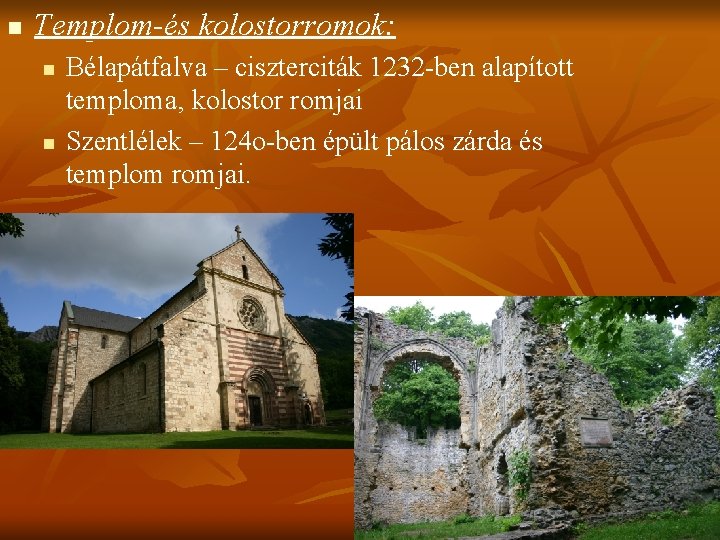 n Templom-és kolostorromok: n n Bélapátfalva – ciszterciták 1232 -ben alapított temploma, kolostor romjai