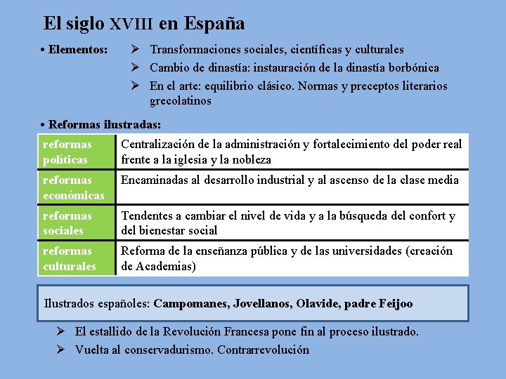 El siglo XVIII en España • Elementos: Ø Transformaciones sociales, científicas y culturales Ø