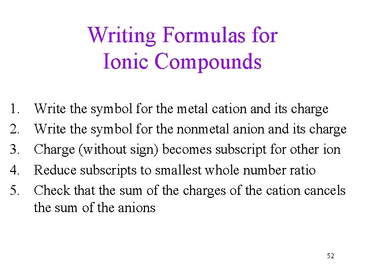 Writing Formulas for Ionic Compounds 1. 2. 3. 4. 5. Write the symbol for