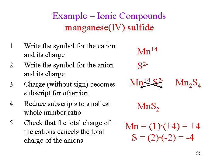 Example – Ionic Compounds manganese(IV) sulfide 1. 2. 3. 4. 5. Write the symbol