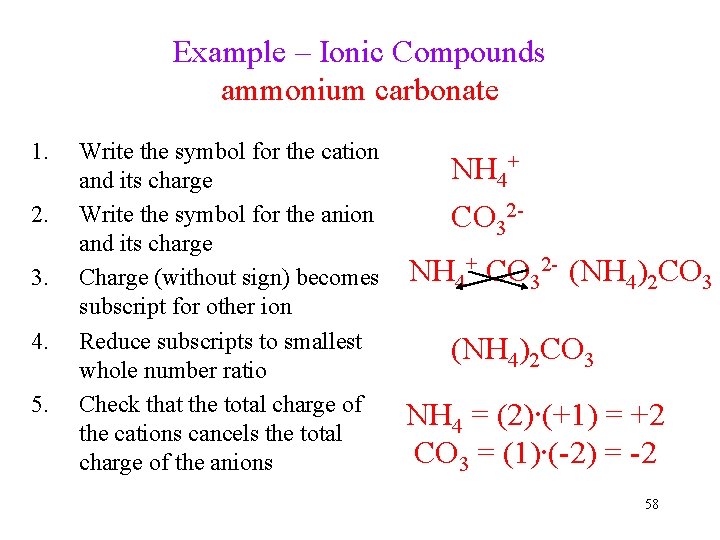 Example – Ionic Compounds ammonium carbonate 1. 2. 3. 4. 5. Write the symbol