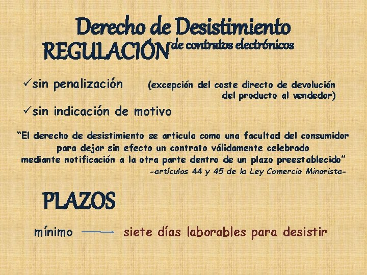 Derecho de Desistimiento de contratos electrónicos REGULACIÓN üsin penalización (excepción del coste directo de