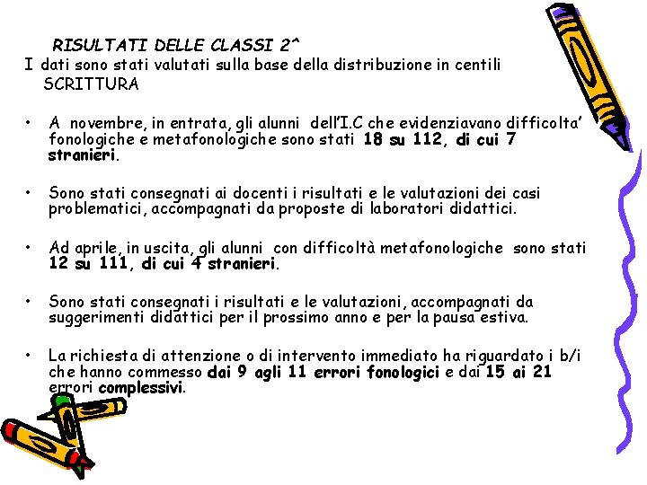 RISULTATI DELLE CLASSI 2^ I dati sono stati valutati sulla base della distribuzione in