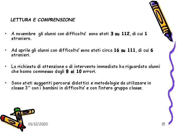 LETTURA E COMPRENSIONE • A novembre gli alunni con difficolta’ sono stati 3 su