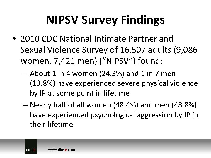 NIPSV Survey Findings • 2010 CDC National Intimate Partner and Sexual Violence Survey of