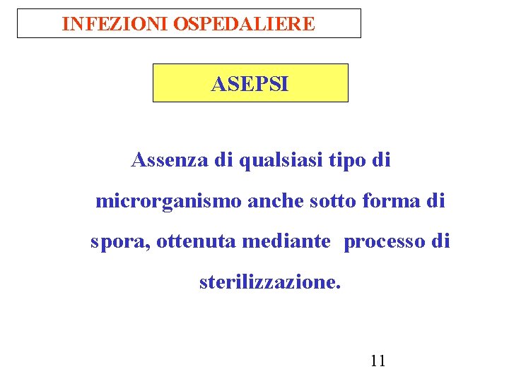 INFEZIONI OSPEDALIERE ASEPSI Assenza di qualsiasi tipo di microrganismo anche sotto forma di spora,