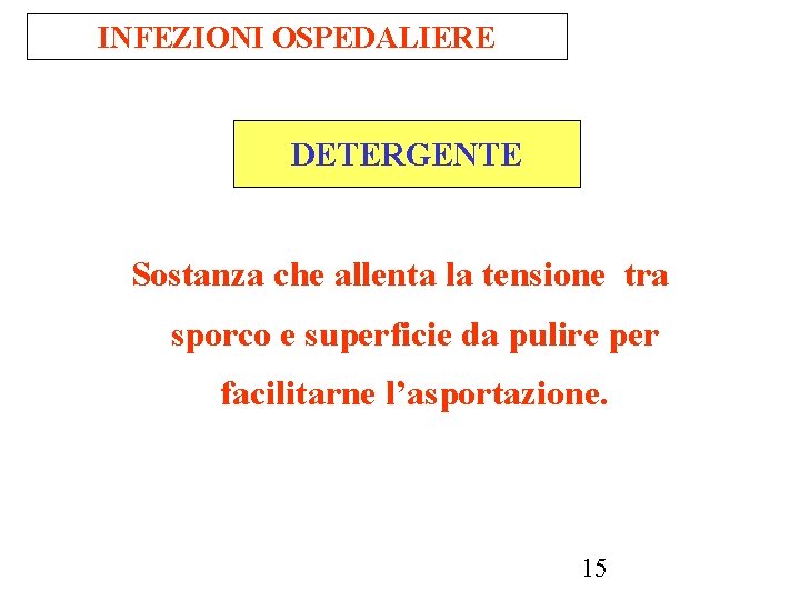 INFEZIONI OSPEDALIERE DETERGENTE Sostanza che allenta la tensione tra sporco e superficie da pulire