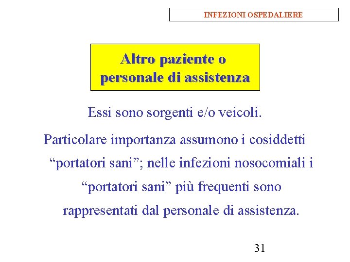 INFEZIONI OSPEDALIERE Altro paziente o personale di assistenza Essi sono sorgenti e/o veicoli. Particolare