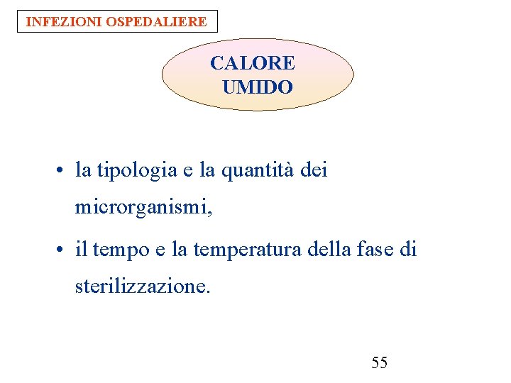 INFEZIONI OSPEDALIERE CALORE UMIDO • la tipologia e la quantità dei microrganismi, • il