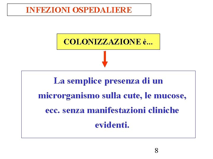 INFEZIONI OSPEDALIERE COLONIZZAZIONE è. . . La semplice presenza di un microrganismo sulla cute,