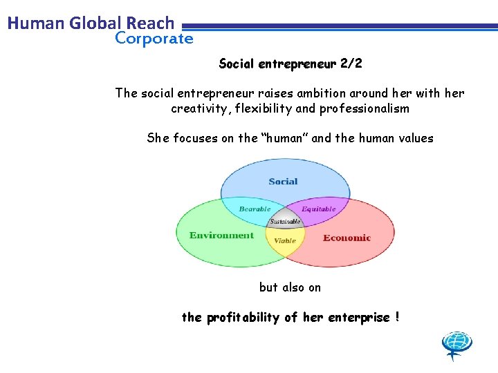 Human Global Reach Corporate Social entrepreneur 2/2 The social entrepreneur raises ambition around her