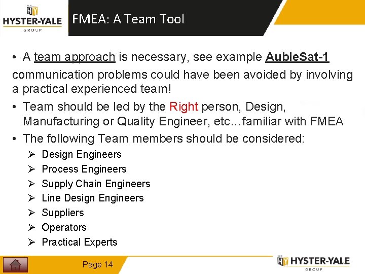 FMEA: A Team Tool • A team approach is necessary, see example Aubie. Sat-1