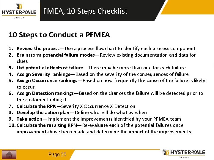 FMEA, 10 Steps Checklist 10 Steps to Conduct a PFMEA 1 1. Review the FMEA, 10 Steps Checklist 10 Steps to Conduct a PFMEA 1 1. Review the