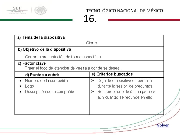 TECNOLÓGICO NACIONAL DE MÉXICO 16. a) Tema de la diapositiva Cierre b) Objetivo de