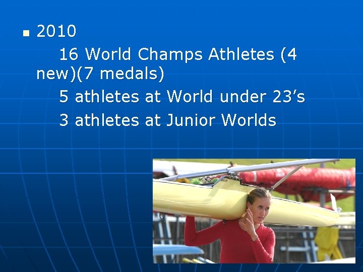 n 2010 16 World Champs Athletes (4 new)(7 medals) 5 athletes at World under