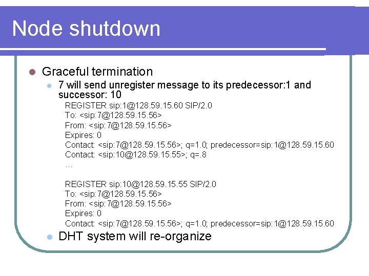 Node shutdown l Graceful termination l 7 will send unregister message to its predecessor: