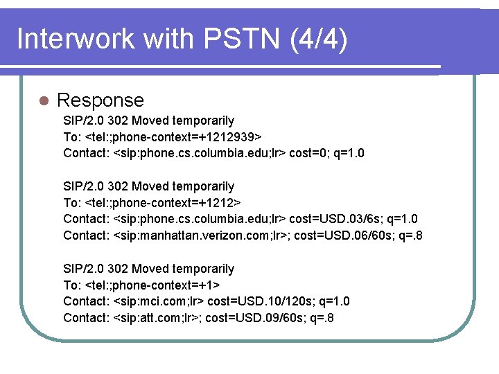Interwork with PSTN (4/4) l Response SIP/2. 0 302 Moved temporarily To: <tel: ;