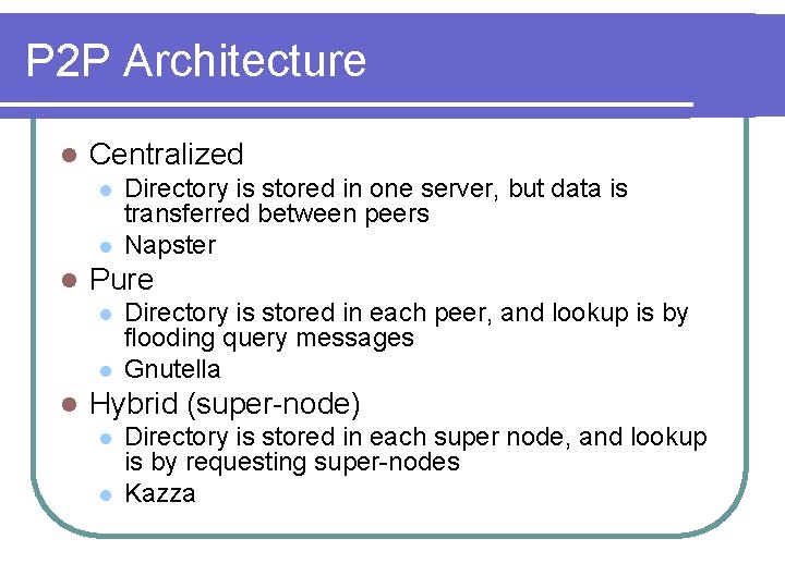 P 2 P Architecture l Centralized l l l Pure l l l Directory
