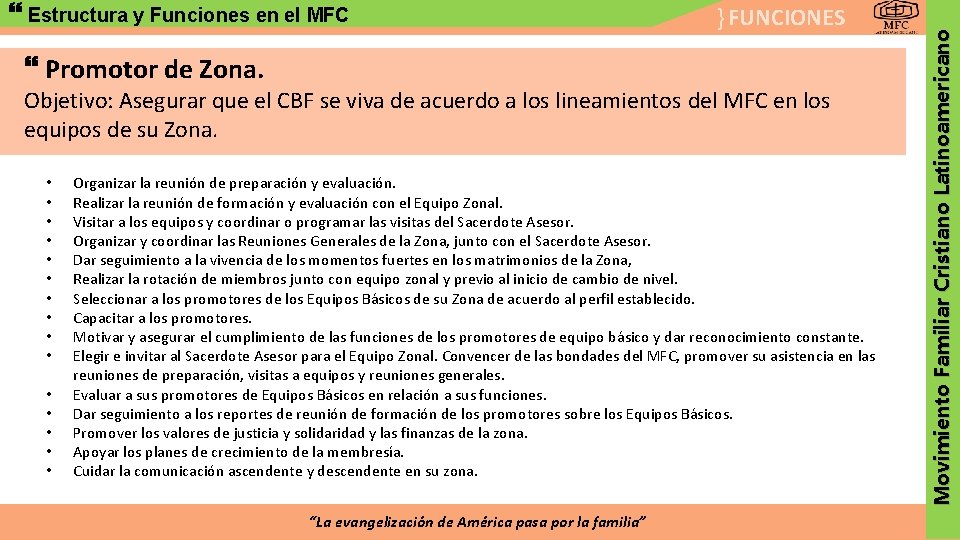 } FUNCIONES Promotor de Zona. Objetivo: Asegurar que el CBF se viva de acuerdo