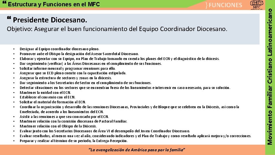 } FUNCIONES Presidente Diocesano. Objetivo: Asegurar el buen funcionamiento del Equipo Coordinador Diocesano. •