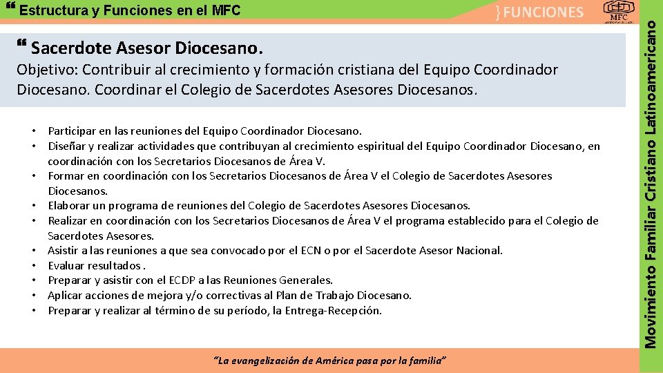 } FUNCIONES Sacerdote Asesor Diocesano. Objetivo: Contribuir al crecimiento y formación cristiana del Equipo