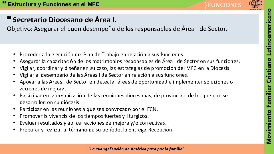 } FUNCIONES Secretario Diocesano de Área I. Objetivo: Asegurar el buen desempeño de los