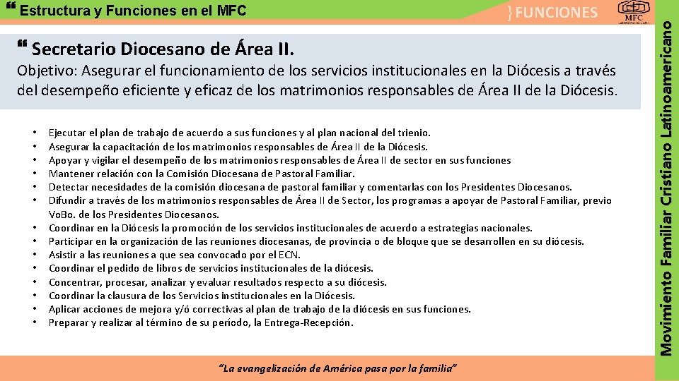 } FUNCIONES Secretario Diocesano de Área II. Objetivo: Asegurar el funcionamiento de los servicios