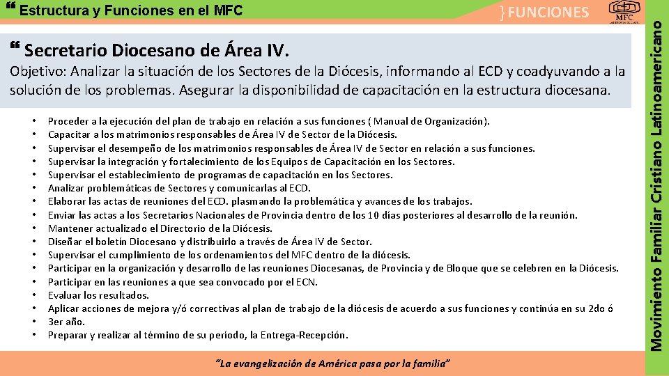 } FUNCIONES Secretario Diocesano de Área IV. Objetivo: Analizar la situación de los Sectores