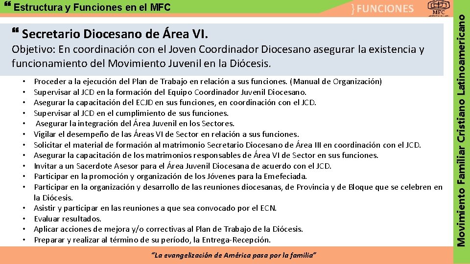 } FUNCIONES Secretario Diocesano de Área VI. Objetivo: En coordinación con el Joven Coordinador