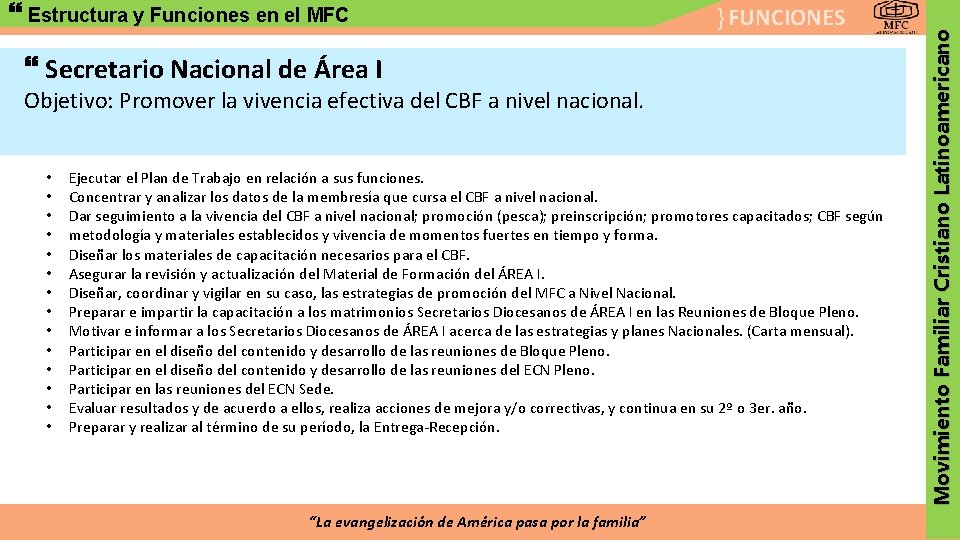 } FUNCIONES Secretario Nacional de Área I Objetivo: Promover la vivencia efectiva del CBF