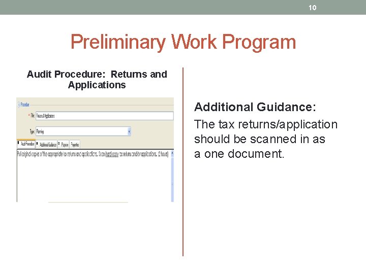 10 Preliminary Work Program Audit Procedure: Returns and Applications Additional Guidance: The tax returns/application