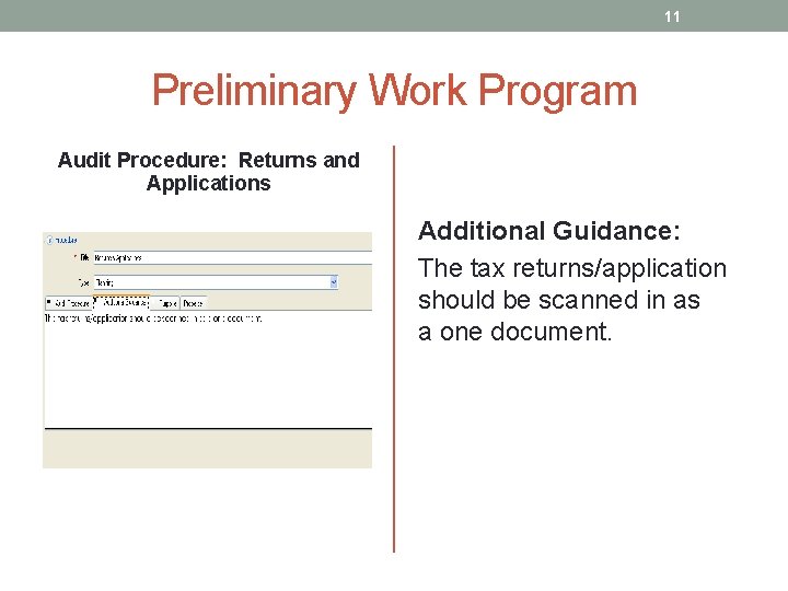 11 Preliminary Work Program Audit Procedure: Returns and Applications Additional Guidance: The tax returns/application