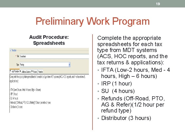 19 Preliminary Work Program Audit Procedure: Spreadsheets Complete the appropriate spreadsheets for each tax