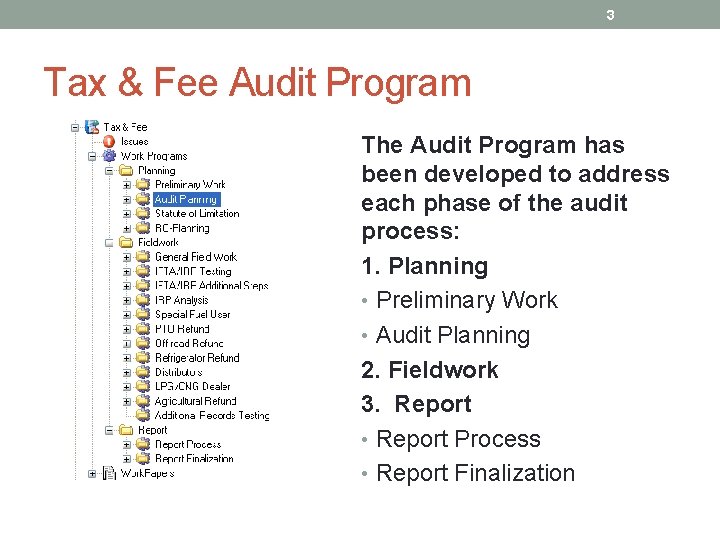 3 Tax & Fee Audit Program The Audit Program has been developed to address