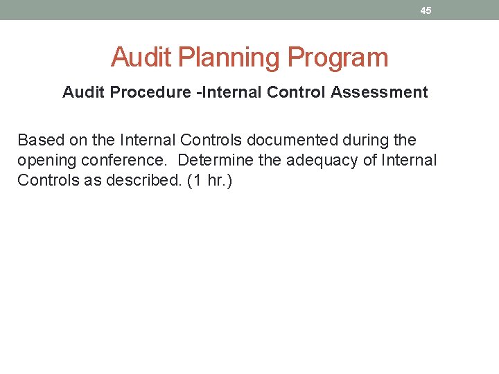 45 Audit Planning Program Audit Procedure -Internal Control Assessment Based on the Internal Controls