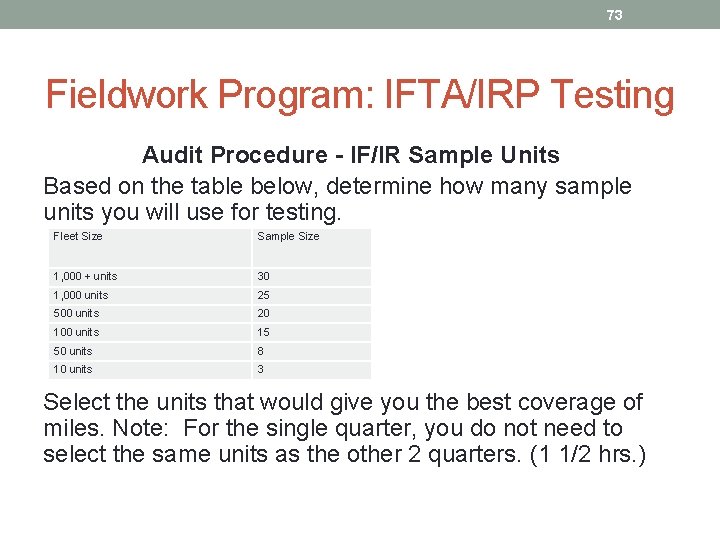 73 Fieldwork Program: IFTA/IRP Testing Audit Procedure - IF/IR Sample Units Based on the