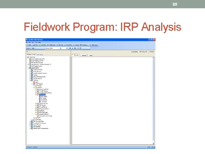 85 Fieldwork Program: IRP Analysis 