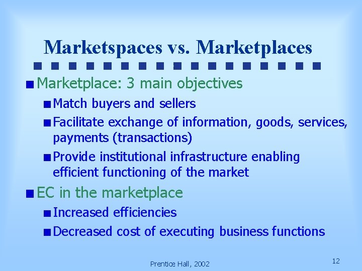 Marketspaces vs. Marketplaces Marketplace: 3 main objectives Match buyers and sellers Facilitate exchange of