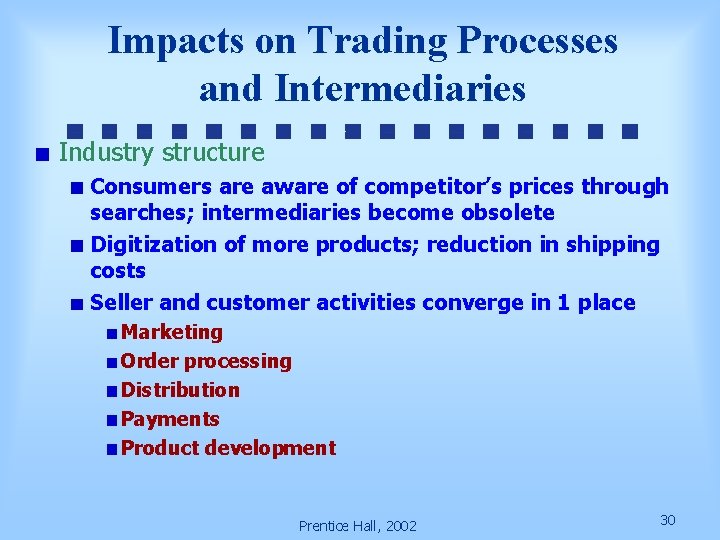 Impacts on Trading Processes and Intermediaries Industry structure Consumers are aware of competitor’s prices