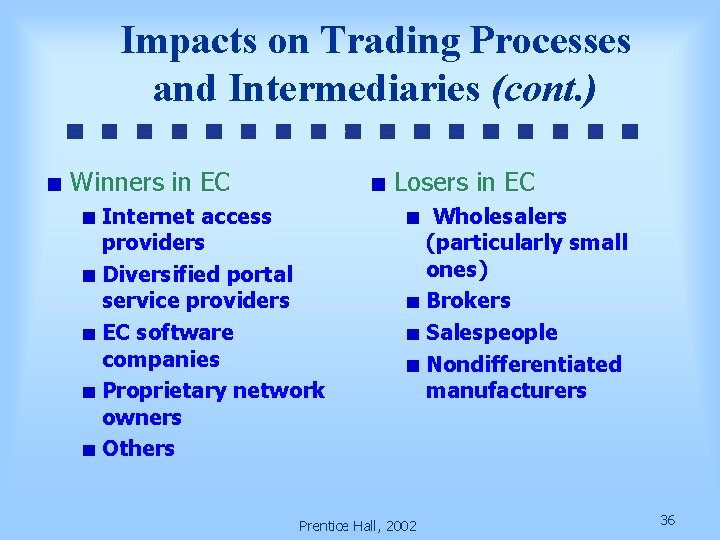 Impacts on Trading Processes and Intermediaries (cont. ) Winners in EC Losers in EC