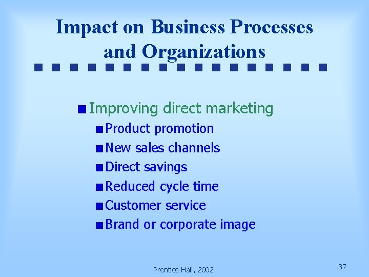 Impact on Business Processes and Organizations Improving direct marketing Product promotion New sales channels